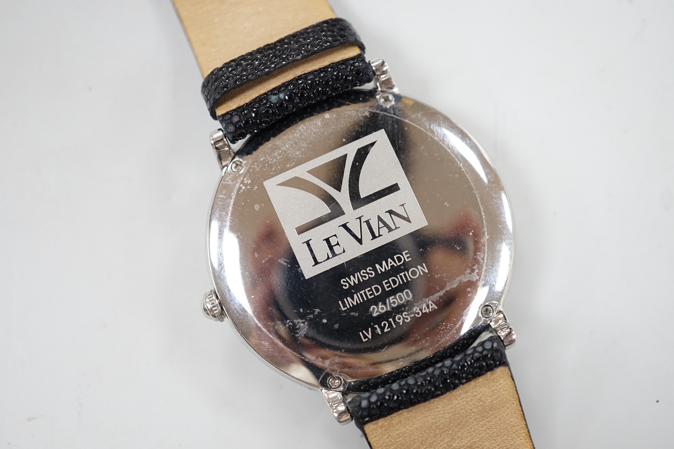 A gentleman's modern stainless steel and two colour diamond set limited edition Le Vian quartz wrist watch, the dial decorated with the head of a zebra, numbered 26/500, on a Le Vian leather strap, case diameter 44mm, no